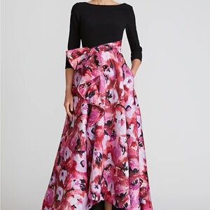 Theia Black Top with Pink Floral High-Low Skirt